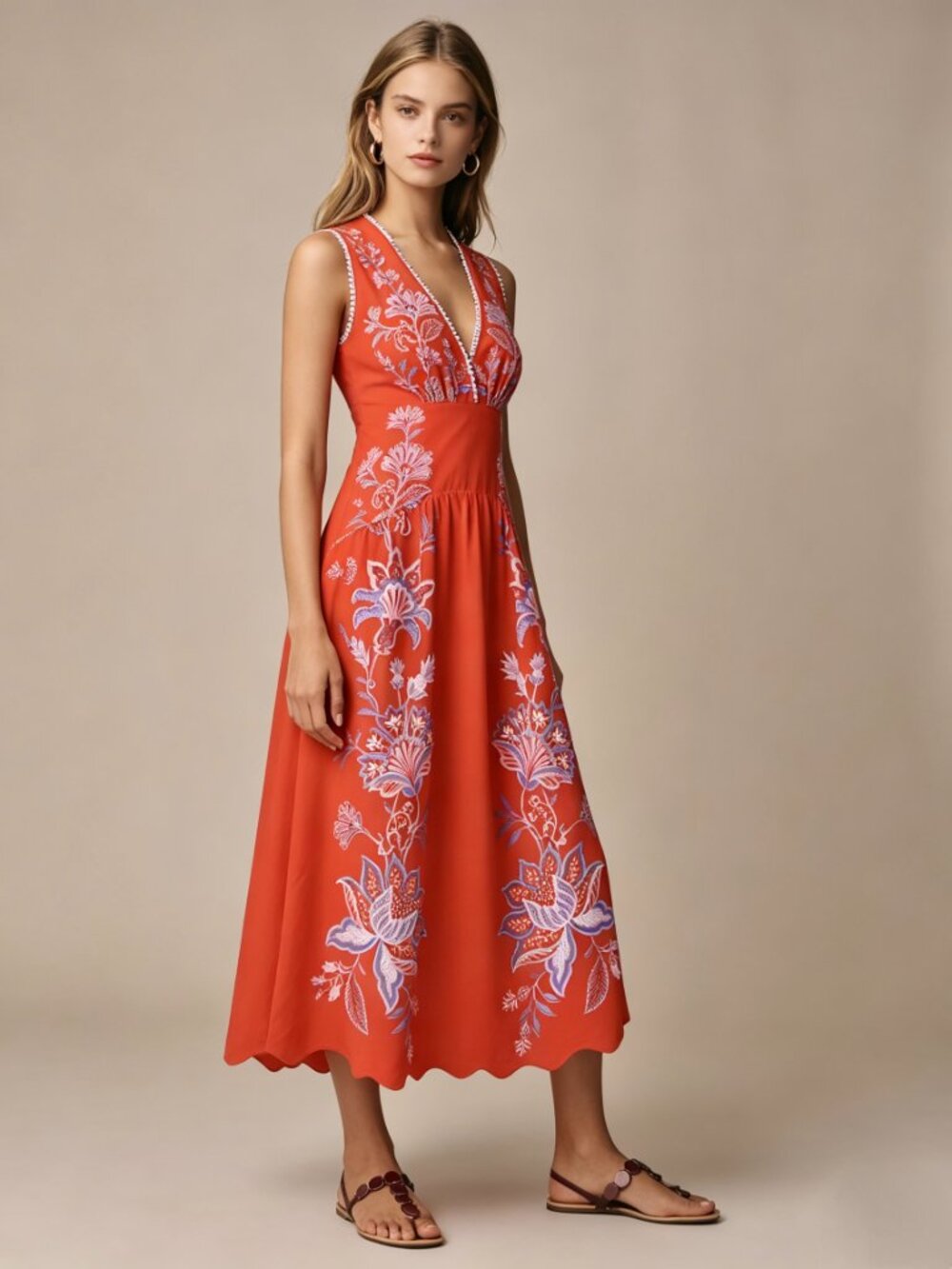 NWOT Farm Rio Porcelain Garden Red Linen Midi Dress Size XL - Picture 2 of 11